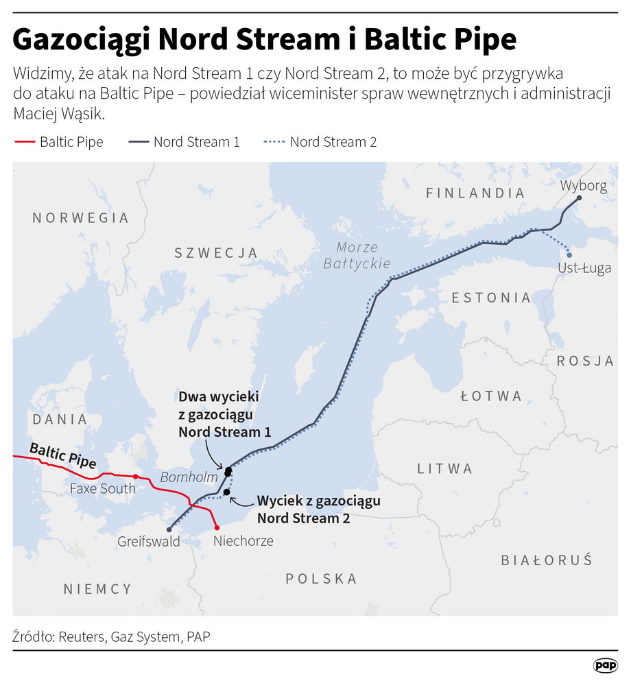 Przebieg gazociągów Nord Stream i miejsca ich uszkodzeń