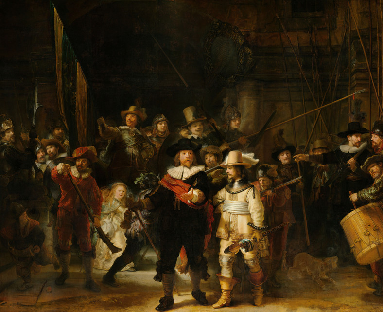 Rembrandt, "Kompania Fransa Banninga Cocqa i Willema van Ruytenburcha" (aka "Straż nocna" albo "Wymarsz strzelców"; 1642)