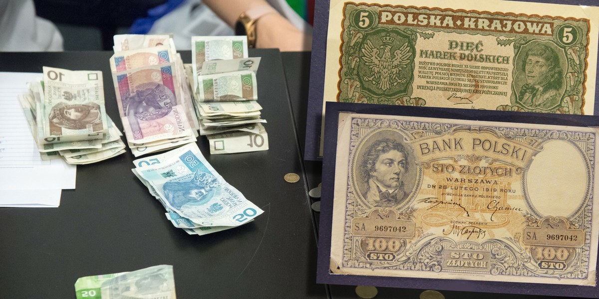 Na zdjęciu dawne banknoty złotowe oraz funkcjonujące wcześniej marki polskie.