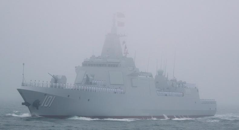 The new type 055 guided-missile destroyer Nanchang of the Chinese People's Liberation Army (PLA) Navy participates in a naval parade to commemorate the 70th anniversary of the founding of China's PLA Navy in the sea near Qingdao in eastern China's Shandong province, Tuesday, April 23, 2019.