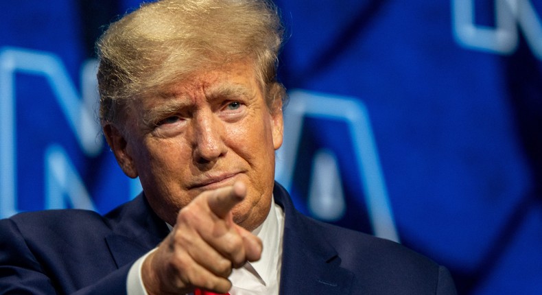 Former President Donald Trump points to the crowd on arrival at the National Rifle Association's annual convention at the George R. Brown Convention Center in Houston, Texas, on May 27, 2022.Brandon Bell/Getty Images