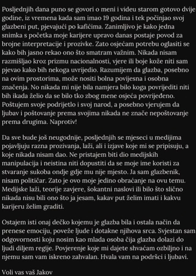 Jakov Jozinović, objava na Instagramu