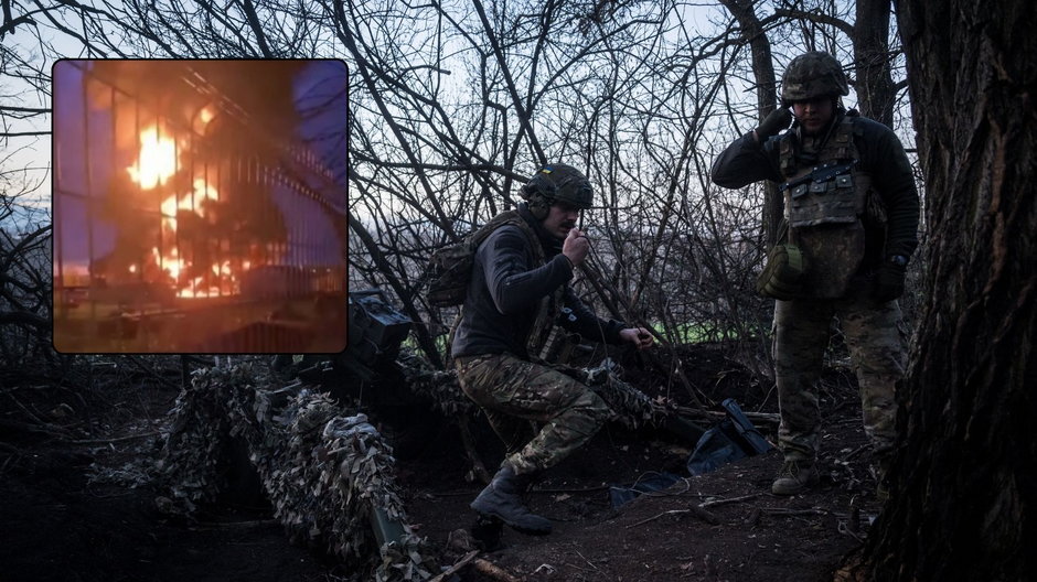 Działania na froncie w Doniecku (w kółku: pożar w obwodzie smoleńskim / YouTube / Guardian News)