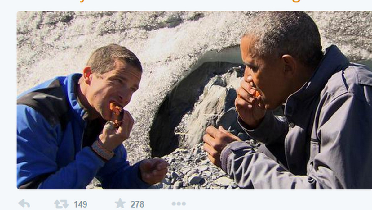 Bear Grylls poczęstował prezydenta Baracka Obamę nietypowym posiłkiem. Podał mu surowy kawałek łososia, będący resztką ryby odrzuconą przez niedźwiedzia – podaje "Today".