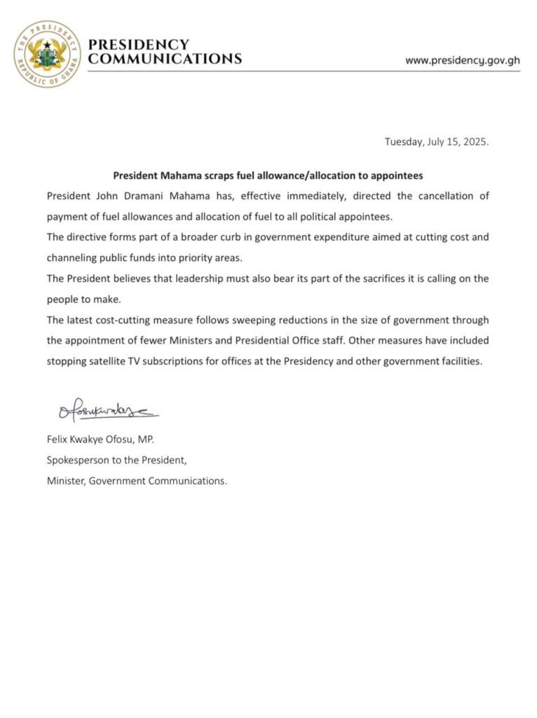 Ghana's President scraps fuel allowances for all political appointees