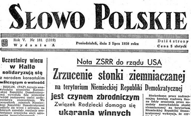 Tytuł we wrocławskim dzienniku "Słowo Polskie" z lipca 1950 r.