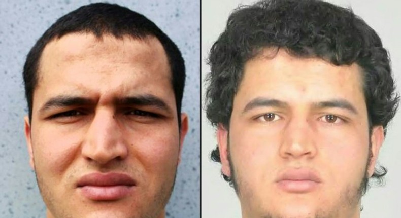 This combination of pictures created shows two handout portraits released by German Federal Police Office (BKA) on December 22, 2016 of the suspected jihadist attacker, 24-year-old Tunisian Anis Amri