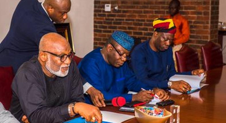 Gov. Oluwarotimi Akeredolu of Ondo State and other South West governors addressing the press after the meeting [Twitter/@OndoAPC]