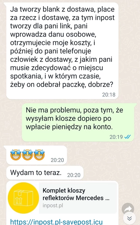 Korespondencja z oszustem na WhatsApp