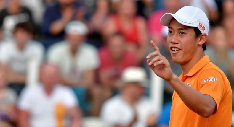 Kei Nishikori of Japan gestures as he plays against Juan Martin Del Potro of Argentina during the ATP Tennis Open tournament on May 18, 2017 at the Foro Italico in Rome, Italy