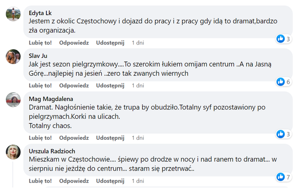 Opinie mieszkańców Częstochowy o tym, jak pielgrzymki wpływają na życie miasta. Źródło: Grupa na Facebooku Częstochowa- Aktualności/Informacje/Porady