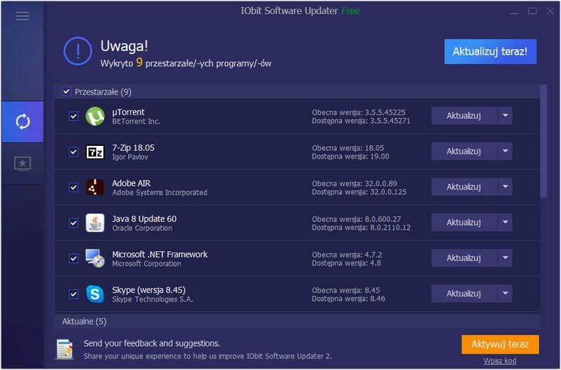 Główne okno programu do aktualizacji oprogramowania - IObit Software Updater Free