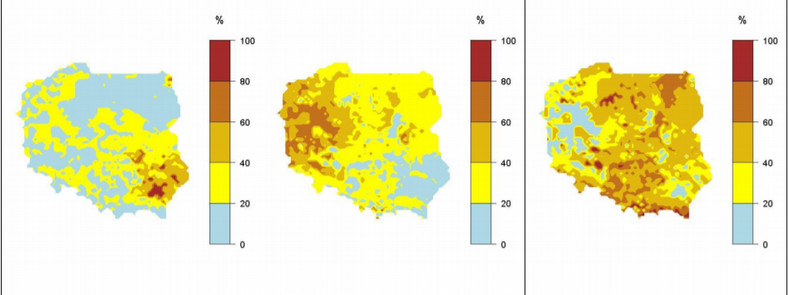 Prawdopodobieństwo wystąpienia kolejno klas „poniżej normy”, „w normie” i „powyżej normy”dla sumy opadów w lipcu 2020 r. (model klasyfikatora Bayesa)