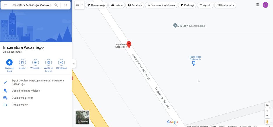 Ulica Imperatora Kaczafiego w Wadowicach w Mapach Google