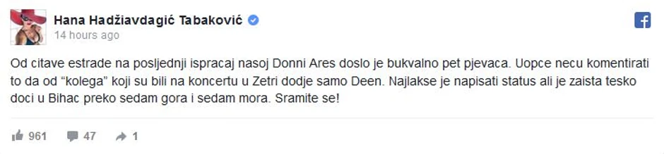 Hanina objava na fejsbuku