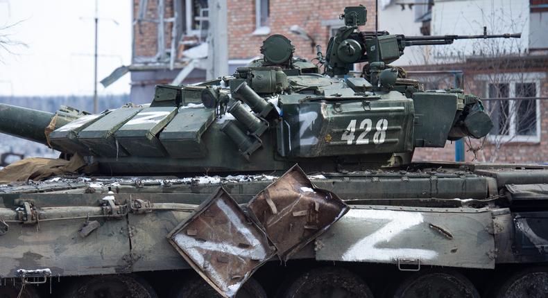 A tank of pro-Russian separatists is seen in the pro-Russian separatists-controlled Donetsk, Ukraine on March 11, 2022.