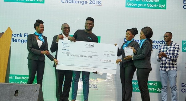 Nigeria's Wallet.ng receiving prize at the 2018 Ecobank Fintech Challenge