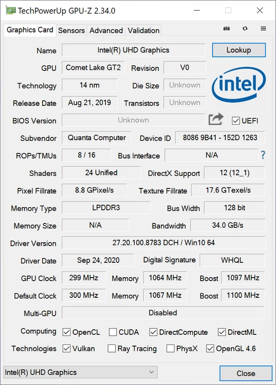 GPU-Z – MateBook X w przeciwieństywie do MateBooka X Pro, nie jest wyposażony w dedykowaną kartę graficzną, a zintegrowany UHD Graphics 620 jest dużo mniej wydajny niż Vega 8 w MateBooku 13