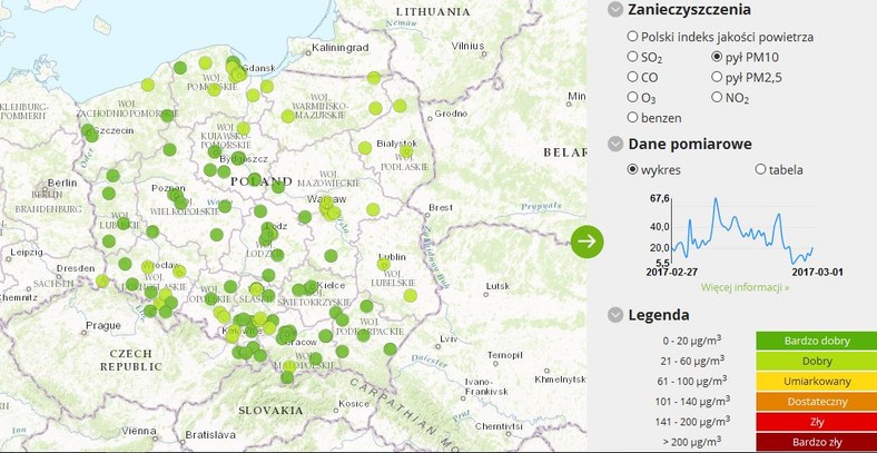 Stężenie pyłu PM10 - 2017 - 03 - 01 od godziny 9.00 do godziny 10.00