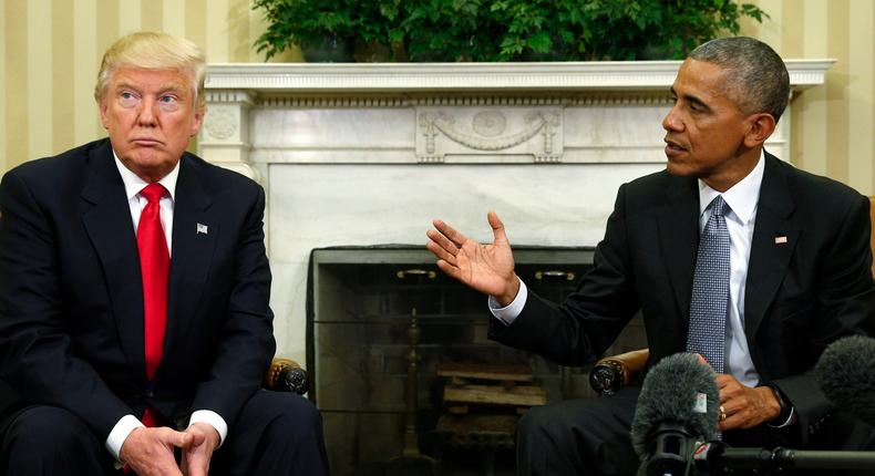 President Barack Obama meets with President-elect Donald Trump to discuss transition plans in the White House Oval Office in Washington, U.S., November 10, 2016.