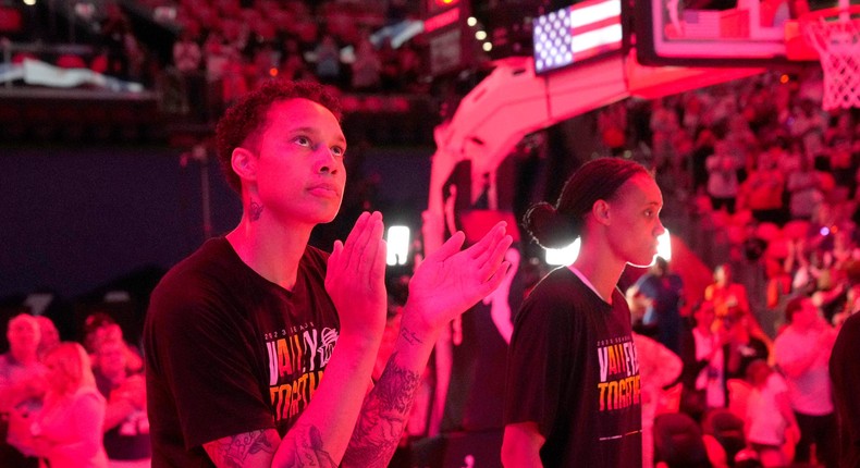 Brittney Griner stands for the national anthem ahead of her 2023 home debut with the Phoenix Mercury.Rick Scuteri-USA TODAY Sports