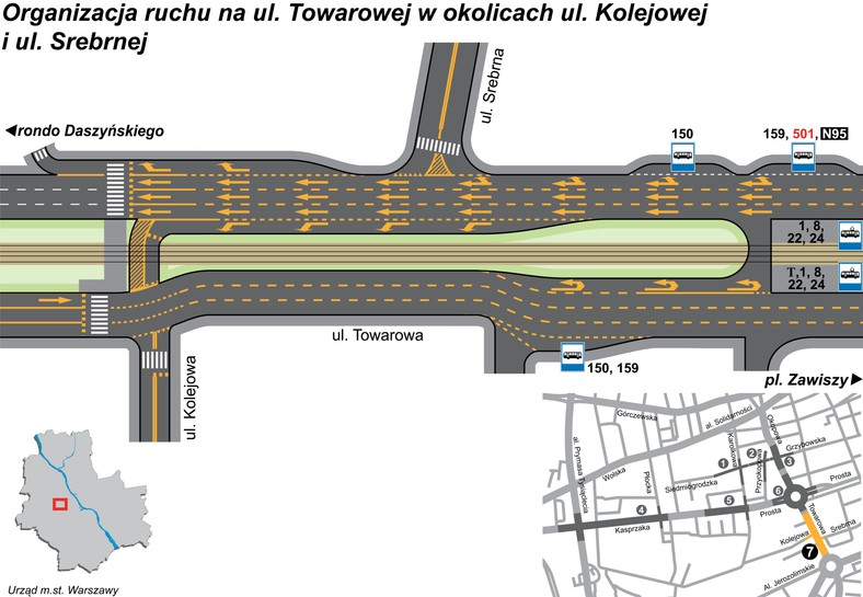 Organizacja ruchu na ul. Towarowej i Kolejowej (fot. materiały prasowe Urzędu Miasta Stołecznego Warszawy)