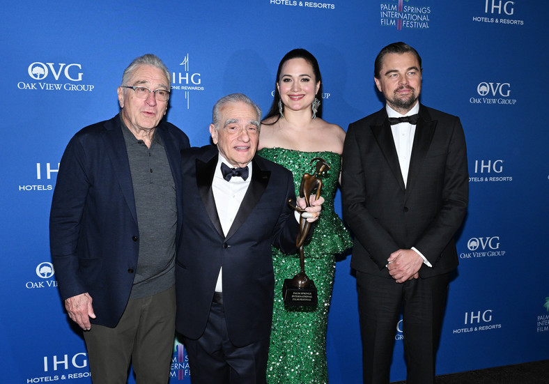 Robert De Niro, Martin Scorsese, Lily Gladstone i Leonardo DiCaprio w 2024 r.