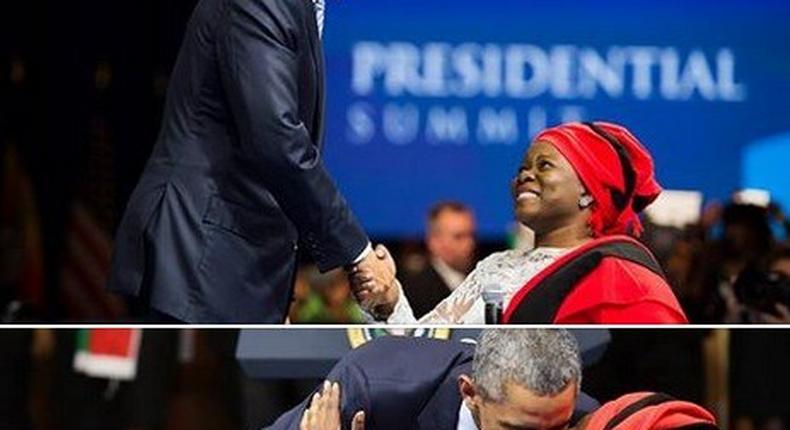 US President, Barack Obama, on Monday, August 3, 2015, embraces Nigerian disability-rights activist, Grace Alache Jerry during a meeting in Washington DC.