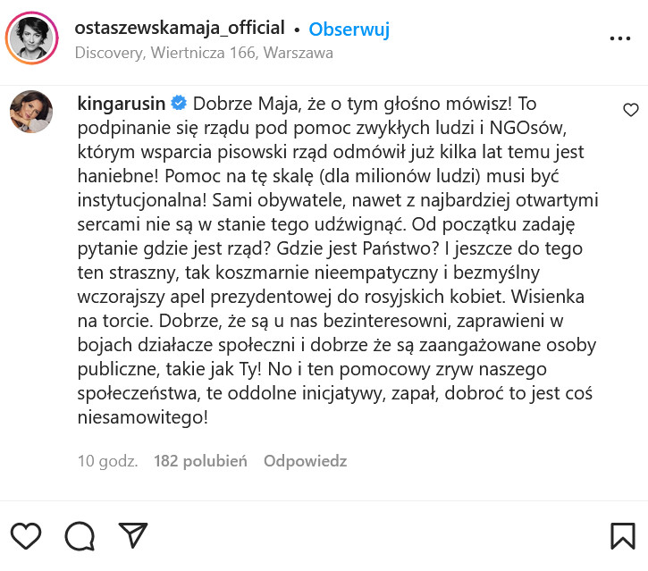 Kinga Rusin komentuje wypowiedź Mai Ostaszewskiej