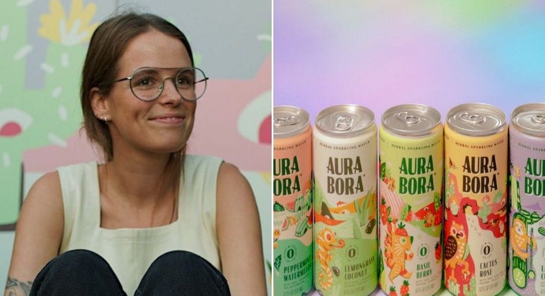 Aura Bora cofounder Maddie Voge; Aura Bora's line of herbal sparkling waters.