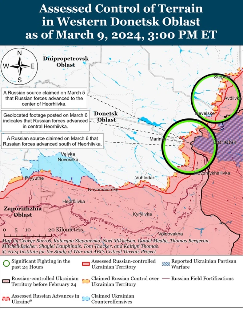 Procenjena kontrola terena u zapadnoj Donjeckoj oblasti 9. marta