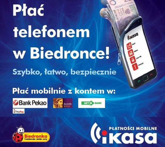 Jest to nowy system płatności mobilnych funkcjonujący w prawie 2,2 tys. sklepów należących do sieci Biedronka. System działa tylko w powiązaniu z kontem w Alior Banku, Getin Banku lub ESBANKU. Pierwsze dwa banki w ramach promocji oferują klientom Biedronki tzw. Moneyback – Alior obiecuje zwrot 3 proc. wartości zakupów, a Getin – 10 proc., ale nie więcej niż 50 zł miesięcznie. iKASA jest obsługiwana przez około 19 tys. terminali. Aby zapłacić aplikacją w kasie Biedronki należy wybrać w aplikacji opcji „Zapłać” , a następnie pokazać kasjerowi wyświetlony jednorazowy kod. Kasjer wprowadza kod w systemie kasowym, a klient akceptuje transakcję w swoim telefonie. Platforma iKASA obsługuje też aplikację Pekao PeoPay. Aplikacja iKASA i korzystanie z całego systemu są bezpłatne. Od października 2013 r. do końca marca tego roku za pomocą aplikacji wykonano już ok. 300 tys. transakcji.
