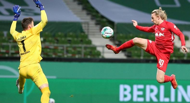 Emil Forsberg (R) scores the winning goal in Friday's German Cup semi-final Creator: Cathrin Mueller
