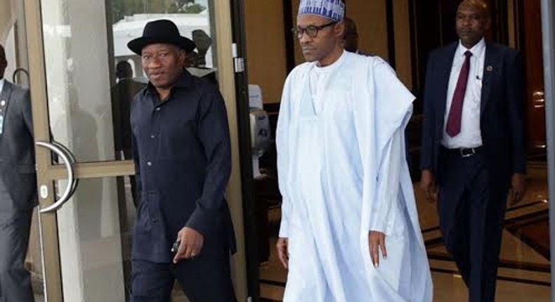 Former President Goodluck Jonathan visits President Muhammadu Buhari in Abuja on November 2, 2015.