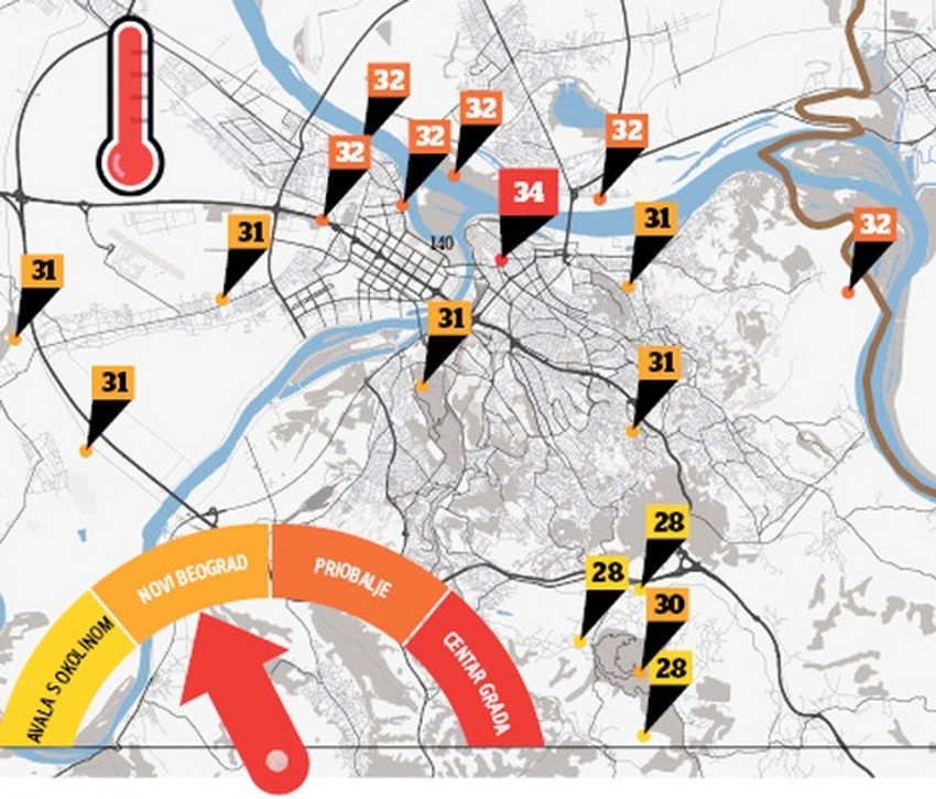 Napomena: Na mapi su prikazane temperaturne razlike u idealnim vremenskim uslovima