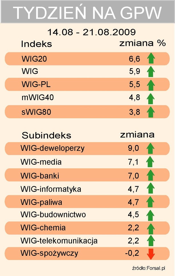 Tydzień na GPW - indeksy - 14-21.08.2009