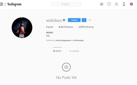 If you are one of Wizkid's 8.2 million followers on Instagram then we hope you've saved a lot of his photos because he has deleted not just one but all the photos on his page. [Instagram/WizkidAyo]