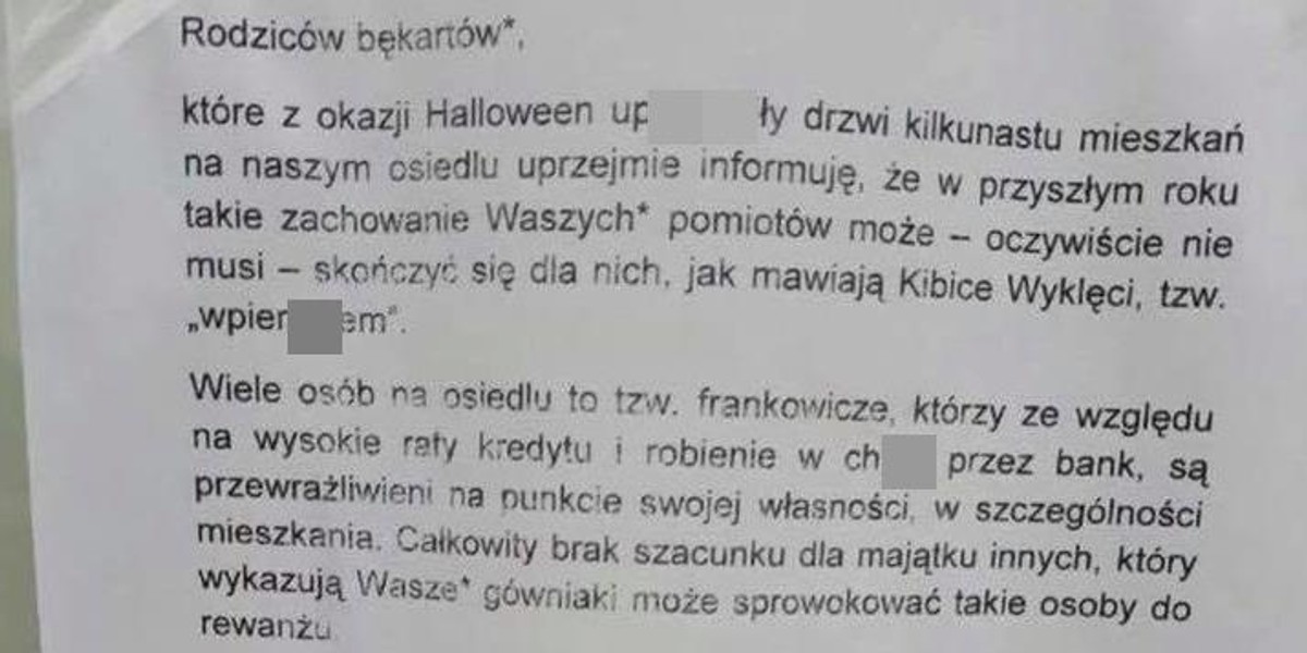 Niezadowolony mieszkaniec wystosował bulwersującą notatkę do "rodziców bękartów"