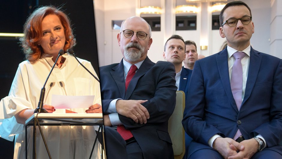 Redaktor naczelna TOK FM Kamila Ceran, szef KRRiT Maciej Świrski i premier Mateusz Morawiecki