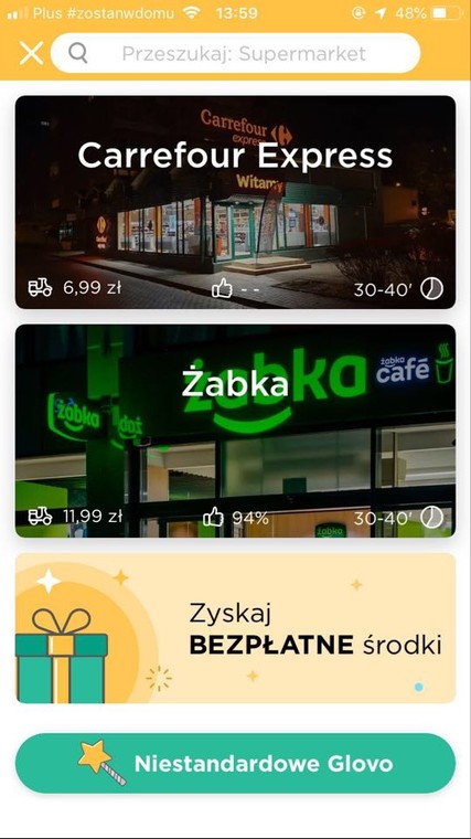 Warszawa Wola - opcje zakupów przez aplikację Glovo