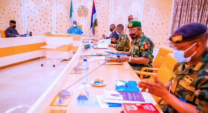 President Buhari meets security chiefs on Thursday, August 19, 2021 (Tolani Alli)