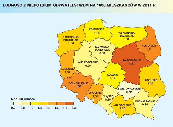 Ludność z niepolskim obywatelstwem na 1000 mieszkańców w 2011 roku