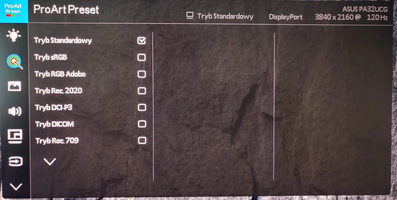 ASUS ProArt PA32UCG - menu główne - ekran wyboru trybów pracy