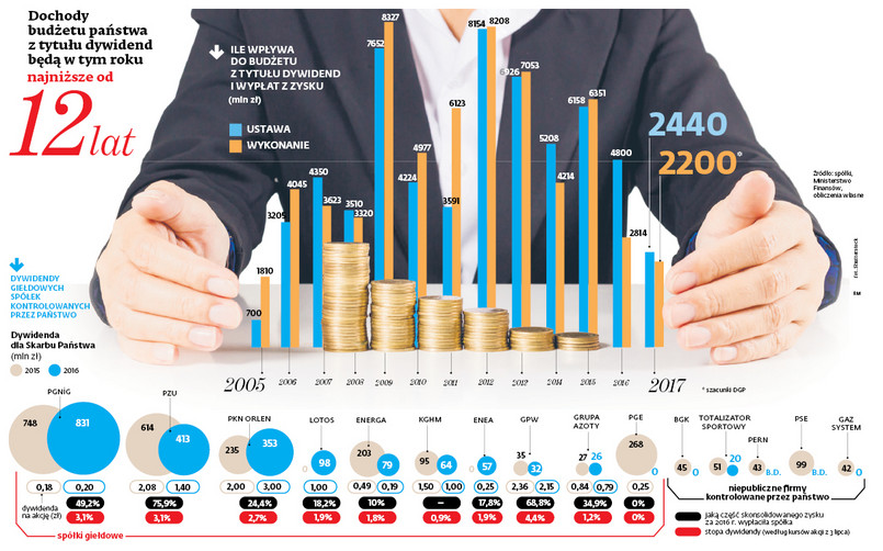 Dochody budżetu państwa z tytułu dywidend będą w tym roku najniższe od 12 lat