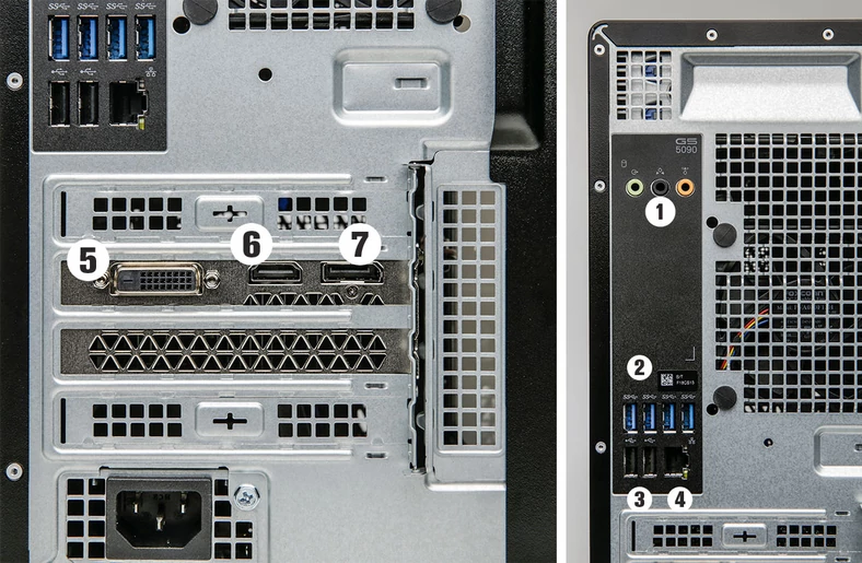 Dell G5 zapewnia dostatek łączy. Z tyłu znajdują się trzy gniazda audio (1), cztery gniazda USB 3.1 (2), dwa gniazda USB 2.0 (3), gniazdo sieciowe (4) oraz trzy łącza dla monitora: DVI (5), HDMI (6) oraz DisplayPort (7)