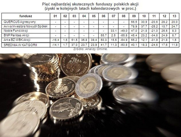 Pięć najbardziej skutecznych funduszy polskich akcji (zyski w kolejnych latach kalendarzowych w proc.)
