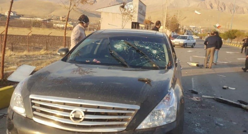 The scene of the attack that killed prominent Iranian scientist Mohsen Fakhrizadeh, outside of Tehran, Iran, on November 27, 2020.
