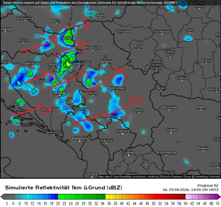 Mapa lokalnih pljuskova u subotu 29. avgusta