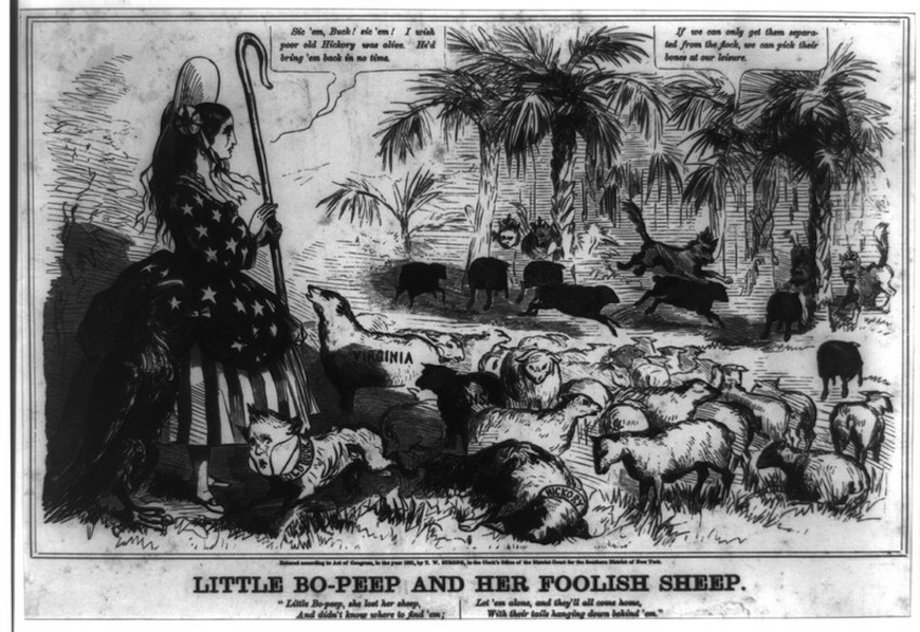 In this 1861 political cartoon, Buchanan was portrayed as a dog trying in vain to round up a flock of sheep (representing the southern states).
