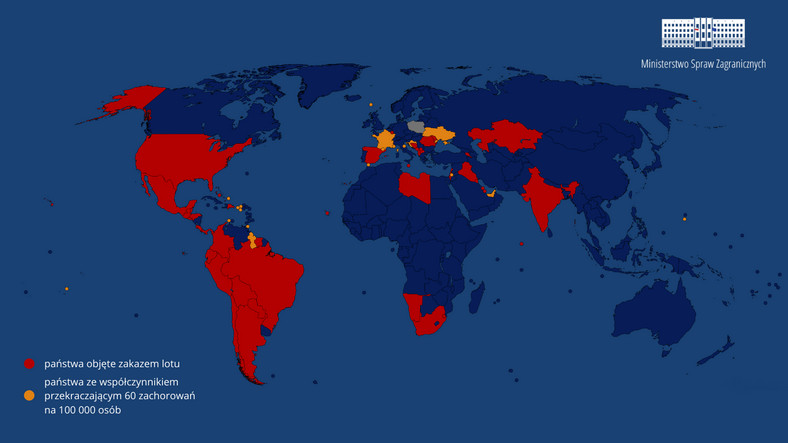 Mapa MSZ: Kolorem czerwonym zaznaczono państwa, do których obowiązuje zakaz lotów. Pomarańczowym - ostrzeżenia 